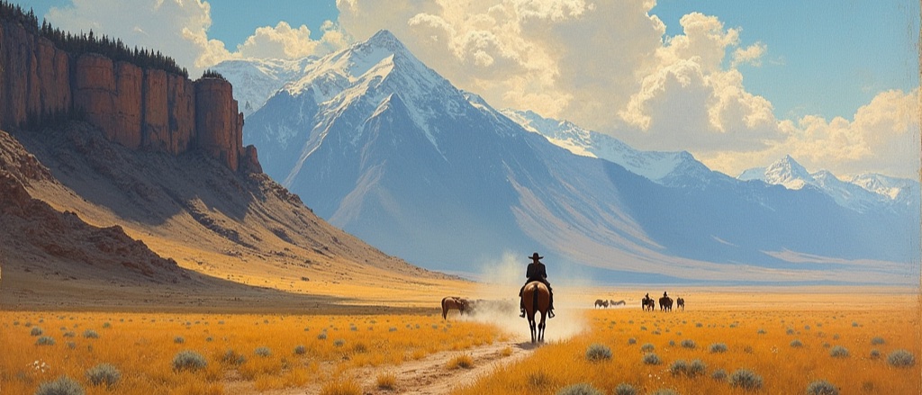 Oil-painted concept art. A lone rider crosses open yellow grassland toward a high snow-capped mountain range, with a red rock escarpment on the left and loose horses in the middle distance.