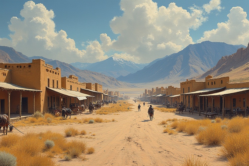 Oil-painted concept art. A frontier street of low adobe buildings with porch awnings facing each other across a wide dirt road, a lone rider in the middle of it, horses tied at a rail, and a blue mountain range under tall cloud beyond.